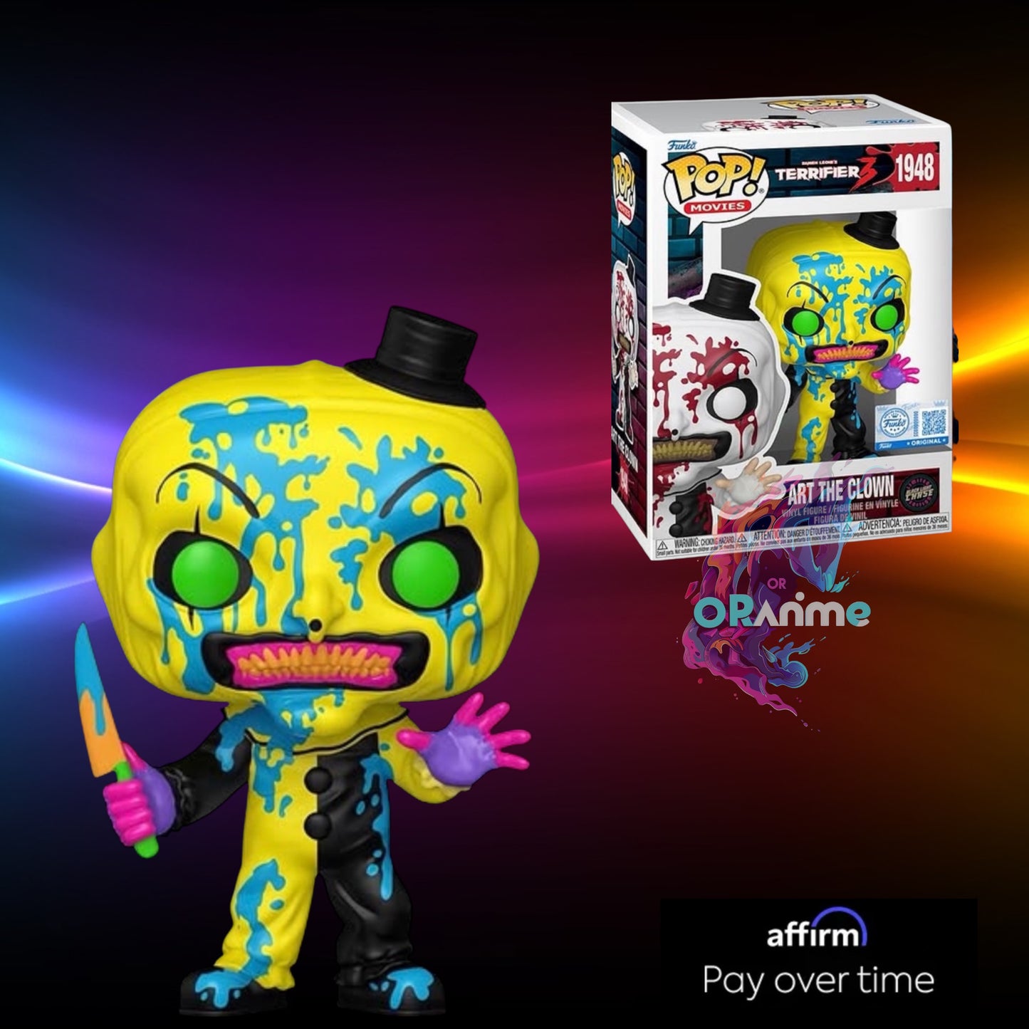 Funko Pop Terrifier 3 Art the Clown Bloody #1948 Black Light Chase Variant - Entertainment Earth Exclusive *PRE-ORDER*